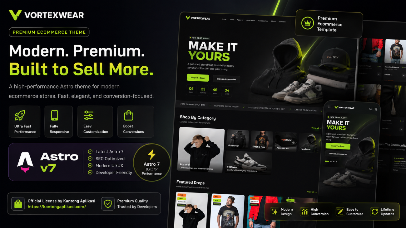 Vortexwear Premium Astro E Commerce Theme — tema Astro JS E-Commerce